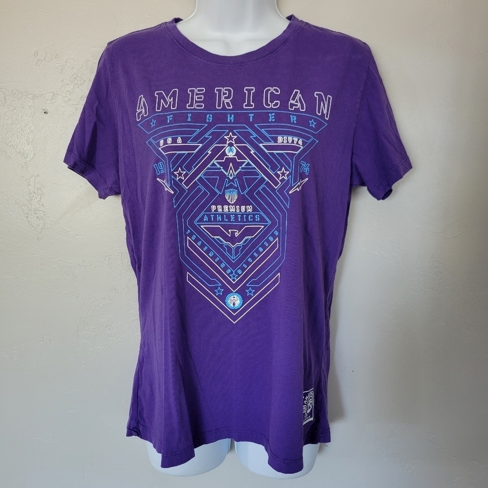 American Fighter Women's Large Purple Short Sleeve T-shirt Blue White Graphic